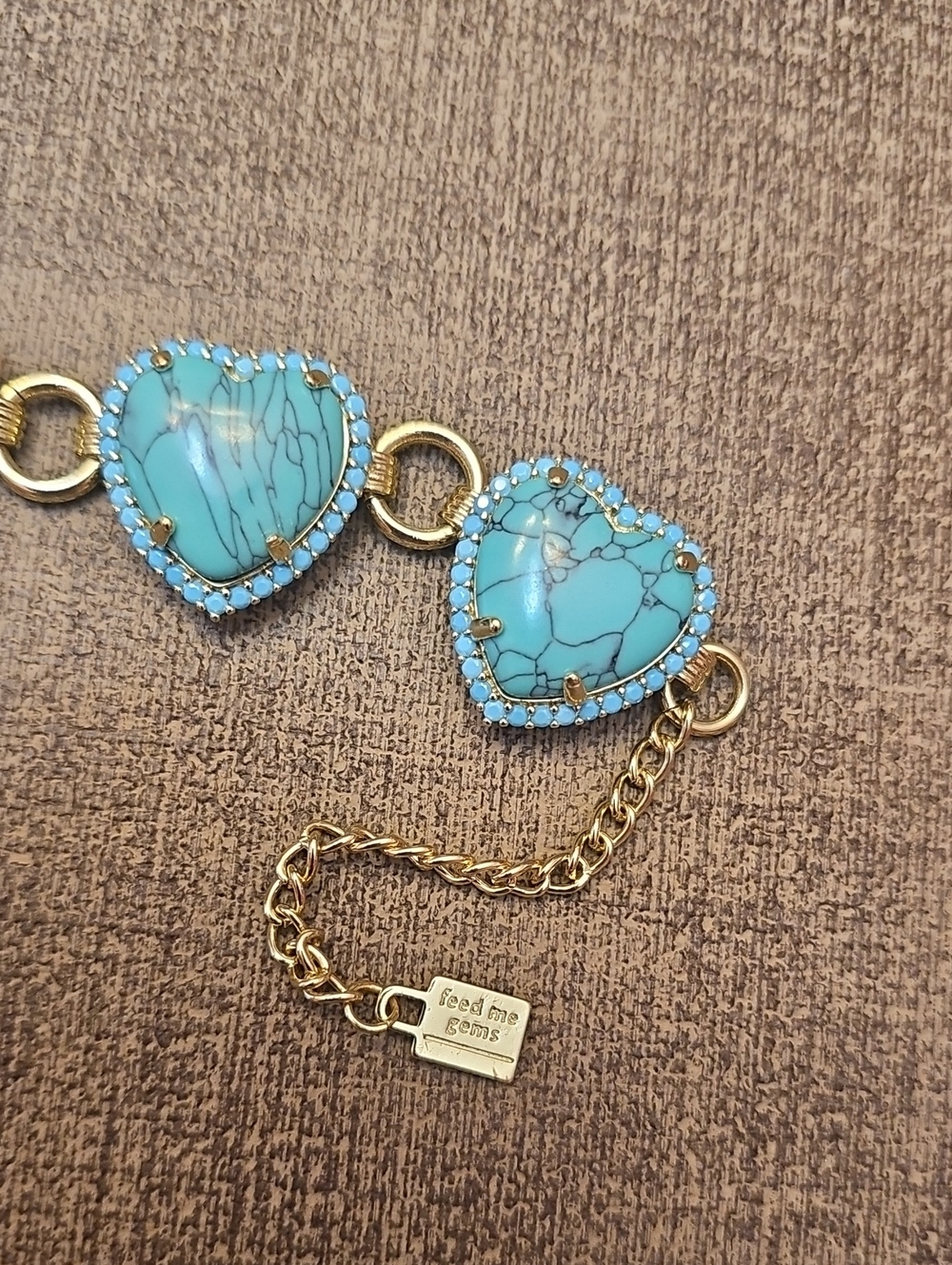 Feed Me Gems Bracelet Texas Turquoise Gold Tone Hearts Link - Picture 2 of 6